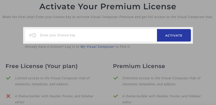 Activate Visual Composer premium license